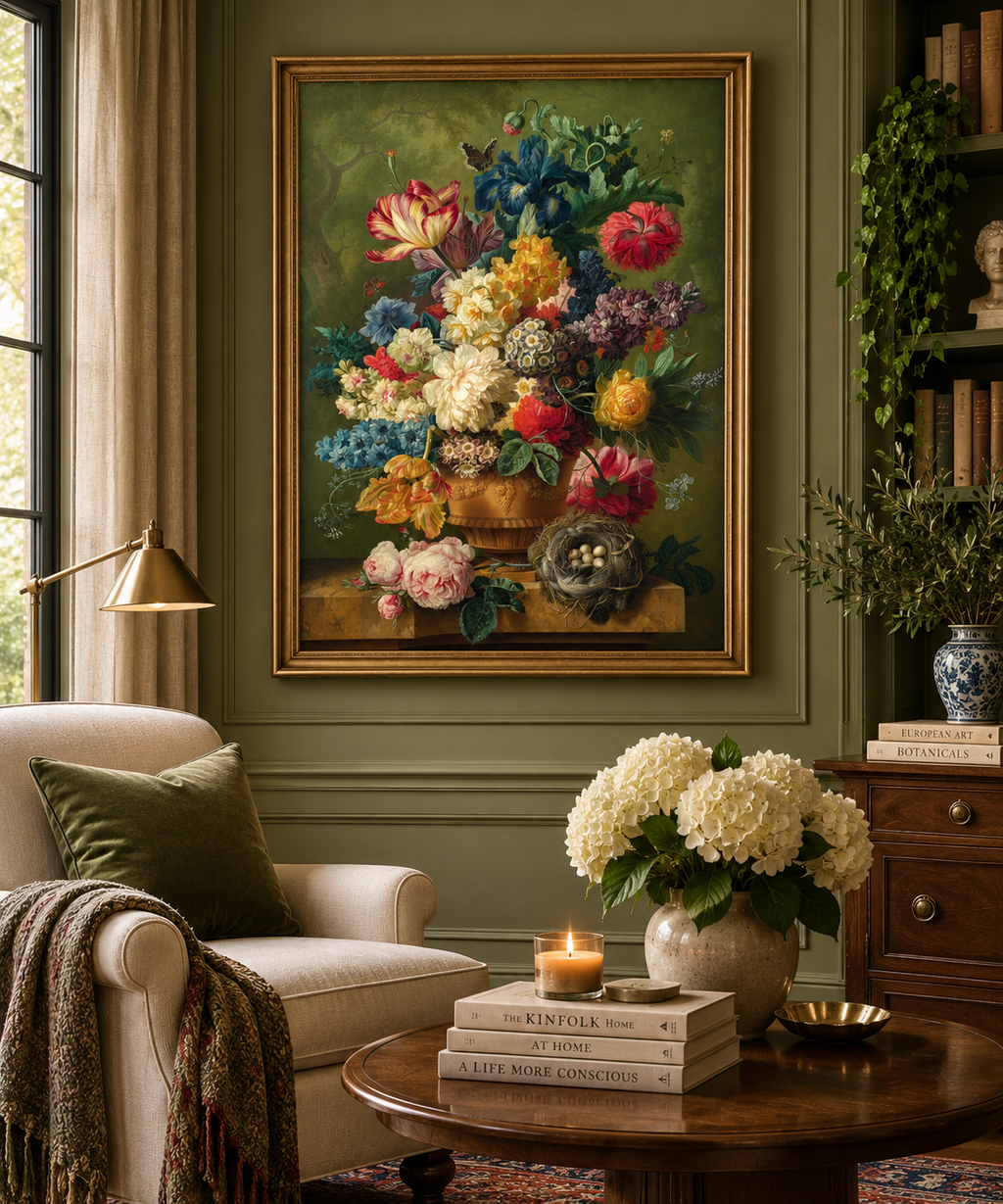 Garden Splendor – Vintage Floral Bouquet & Bird’s Nest Art