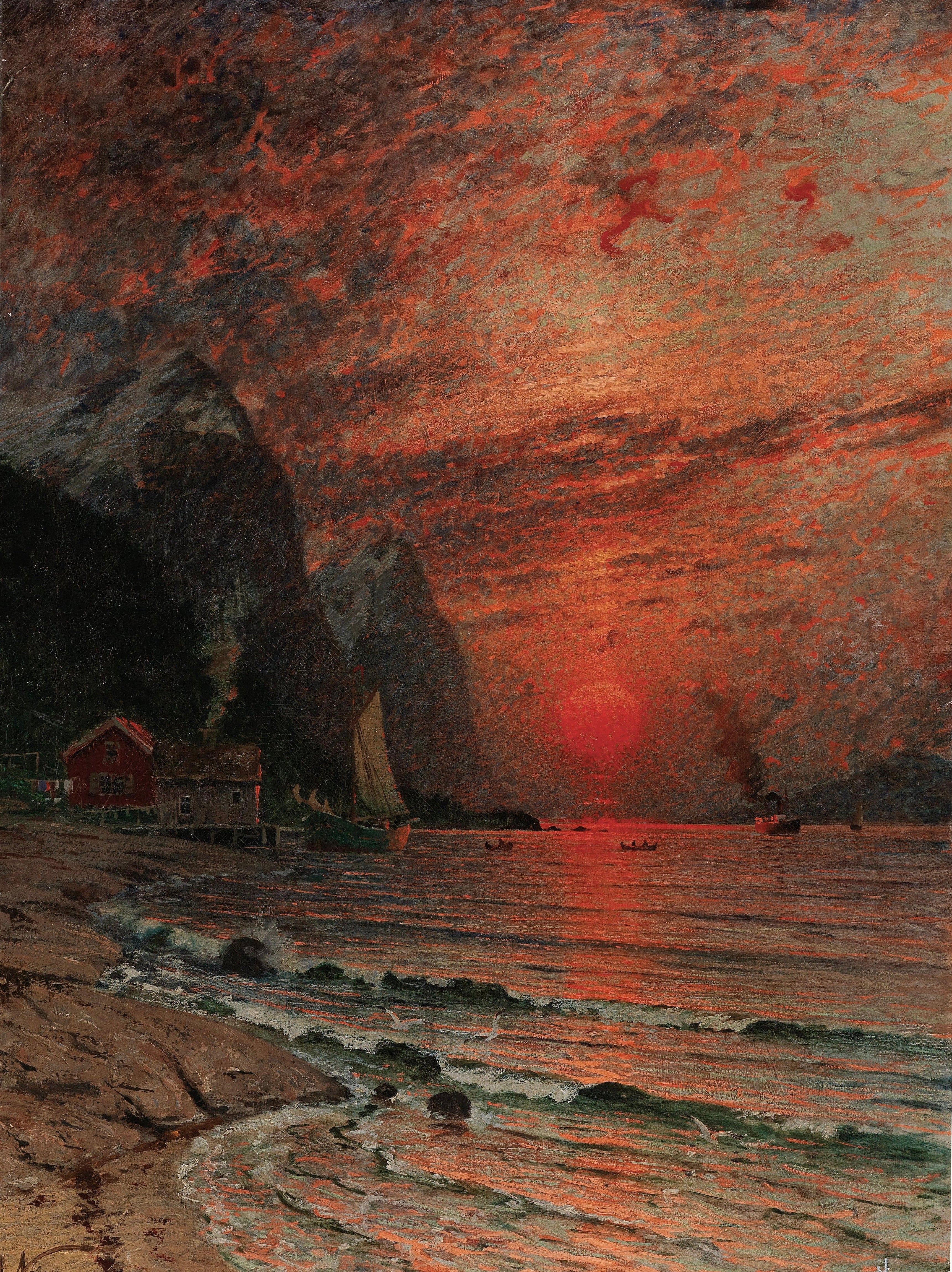 Crimson Sunset Coastal Landscape Canvas Art